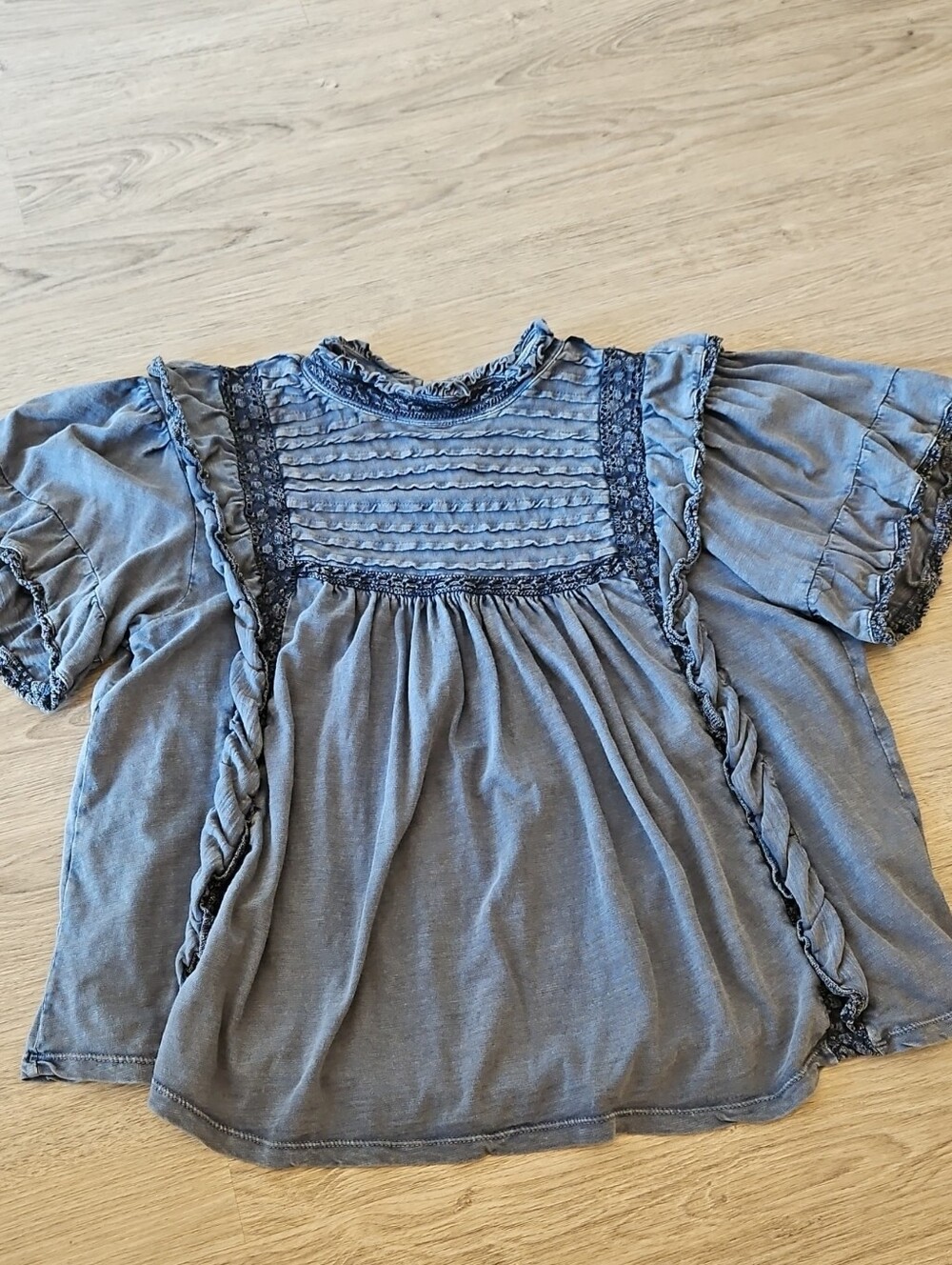 Women's Free People Blue Ruffle Lace Yoke Top